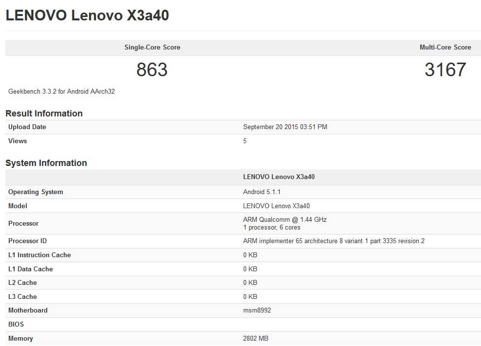 หลุดสเปค Lenovo Vibe X3 บน GeekBench พบใช้ Snapdragon 808