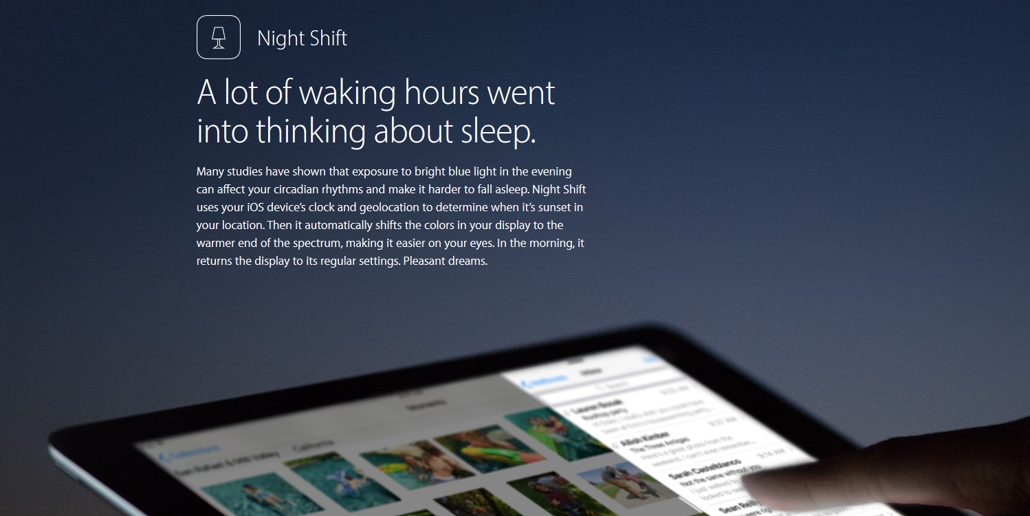 Apple เผยโฉม Night Shift ฟีเจอร์ใหม่ที่จะทำให้เราหลับสบายขึ้นใน iOS 9.3!!