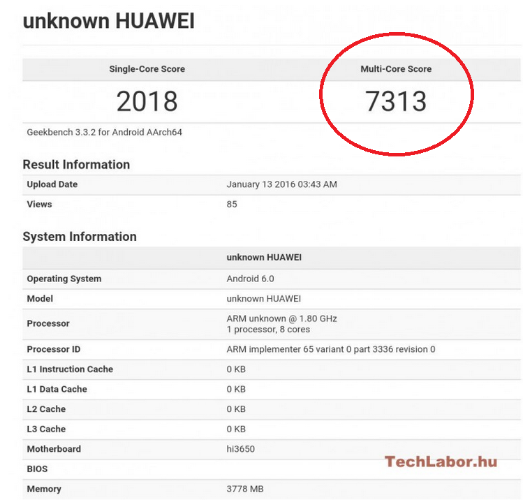 TOP SCORE !!! มีข่าวลือว่า Huawei P9 ทุบสถิติคะแนนแบบ Multi-Core ใน GeekBench โดยทำได้ถึง 7,313 คะแนน !!!