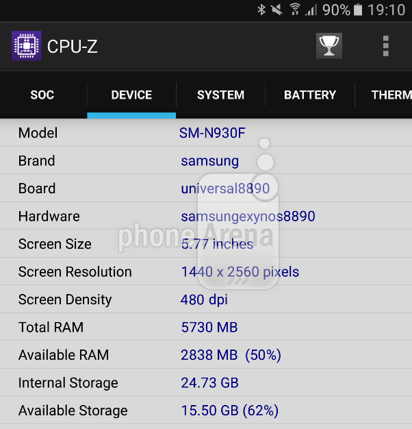 หลุดสเปค Samsung Galaxy Note 6 บนโปรแกรม CPU-Z จัดเต็มกับแรม 6 GB หน้าจอ 5.7 นิ้ว QHD และใช้ชิป Exynos 8890 SoC