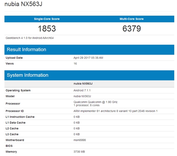 พบ Nubia Z17 บน Geekbench Snapdragon 835 RAM 4GB