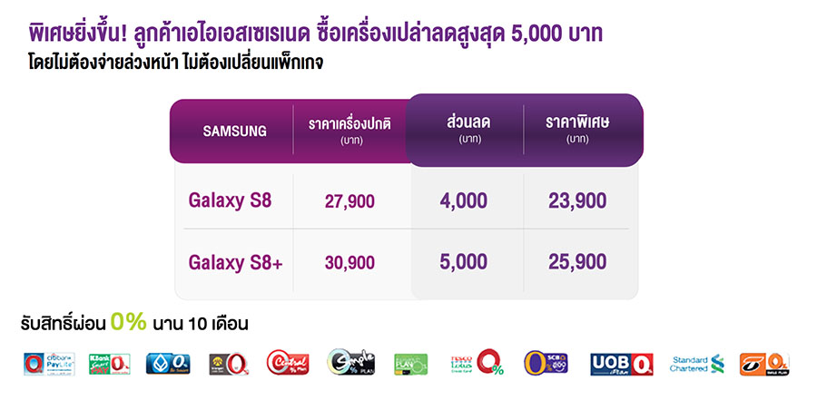AIS ให้ส่วนลด Samsung Galaxy S8 สำหรับลูกค้า Serenade ลดสูงสุด 5,000บาท ไม่ต้องเปลี่ยนแพ็กเกจ!!
