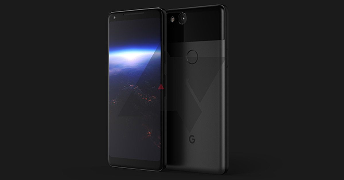 ภาพเรนเดอร์ Google Pixel 2 XL มีกรอบหน้าจอที่แคบขึ้น ด้านหลังออกแบบคล้ายเดิม