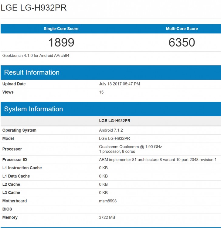 หลุดข้อมูลสเปคของ LG V30 บน GeekBench มาพร้อมแรม 4GB รัน Android 7.1.2