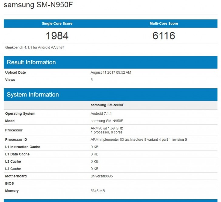หลุดข้อมูลสเปค Samsung Galaxy Note8 บน Geekbench มาพร้อมกับ Exynos 8895 และ Ram 6GB