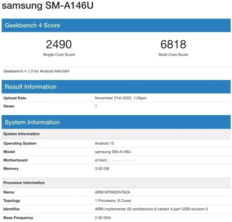Samsung Galaxy A14 US Version SM A146U Geekbench