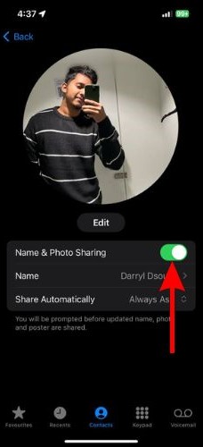 Enable the Name and Photo Sharing toggle