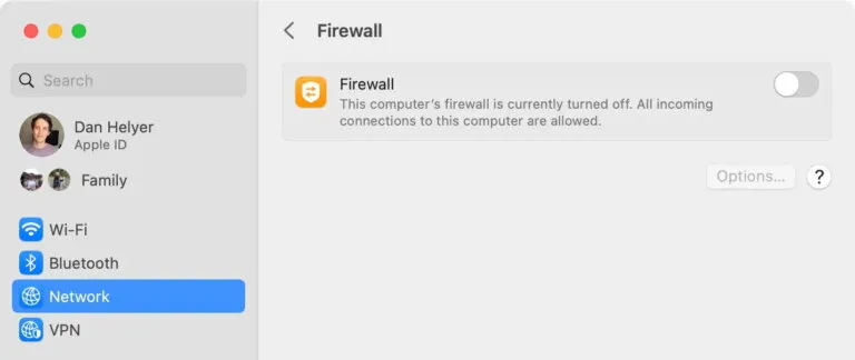 Firewall option in macOS System Settings