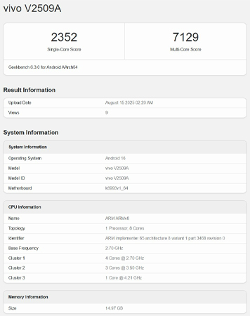 vivo X300 มาพร้อมชิป Dimensity 9500 และ RAM 16GB เผยข้อมูลบน Geekbench ก่อนเปิดตัวในเดือนกันยายนนี้ 1
