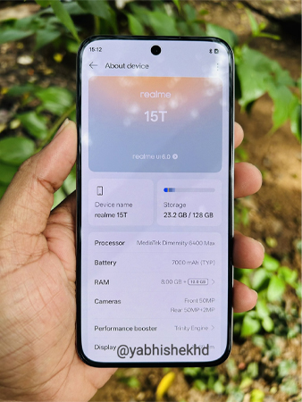 หลุดภาพ Realme 15T ตัวเครื่องจริงพร้อมแบตเตอรี่ขนาดใหญ่ 7000mAh และกล้อง 50MP 1