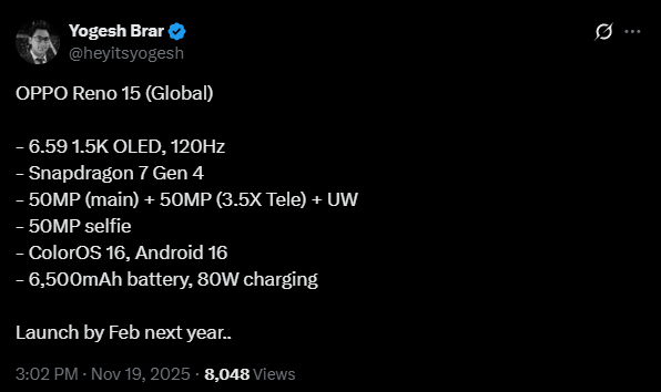 OPPO Reno 15 รุ่น Global จะไม่ได้กล้อง 200MP เปิดตัวราคา 2026 