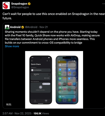 Qualcomm ยืนยันส่งไฟล์ Quick Share ไป AirDrop มาแน่บน Snapdragon 2025 