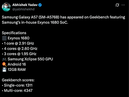 Samsung Galaxy A57 โผล่บน Geekbench ยืนยันชิป Exynos 1680 พร้อม RAM 12GB และ Android 16