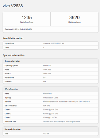vivo V70 โผล่ทดสอบ Geekbench ชิป Snapdragon 7 Gen 4 สเปคเปิดตัว