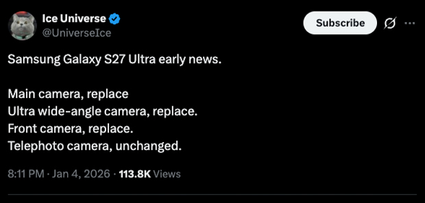 Samsung Galaxy S27 Ultra เตรียมอัปเกรดกล้องใหม่ ทั้งกล้องหลัก อัลตร้าไวด์ และกล้องหน้า 