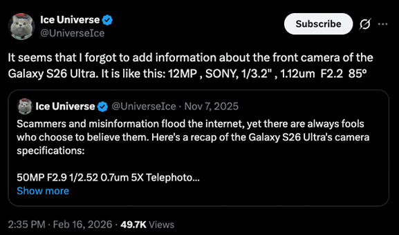 Samsung Galaxy S26 Ultra อาจอัปเกรดกล้องหน้าใหม่ในรอบหลายปี ด้วยเซ็นเซอร์ของ Sony 