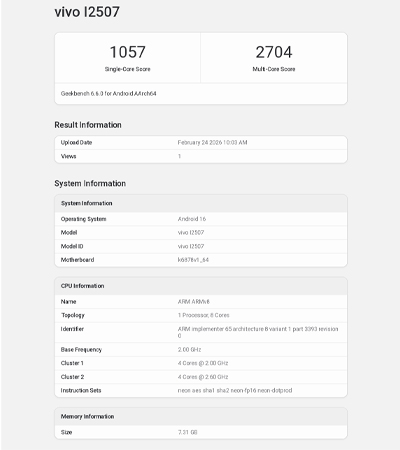 หลุดผลทดสอบ iQOO Z11x บน Geekbench ยืนยันใช้ชิป Dimensity 7400 เตรียมลุยตลาด Global รวมถึงไทยเร็วๆ นี้ 