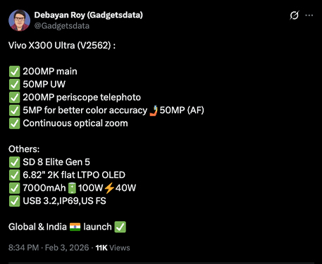 หลุดสเปค vivo X300 Ultra พร้อมกล้องหลัก 200MP ชิป Snapdragon 8 Elite Gen 5 และแบต 7,000mAh 