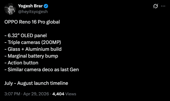 หลุดสเปค OPPO Reno16 Pro เวอร์ชัน Global เตรียมบุกตลาดโลกเร็วๆ นี้