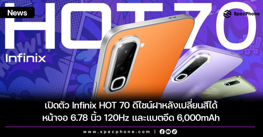 เปิดตัว Infinix HOT 70 ดีไซน์ฝาหลังเปลี่ยนสีได้ หน้าจอ 6.78 นิ้ว 120Hz และแบตอึด 6,000mAh เปิดตัว Infinix HOT 70 ดีไซน์ฝาหลังเปลี่ยนสีได้ หน้าจอ 6.78 นิ้ว 120Hz และแบตอึด 6,000mAh