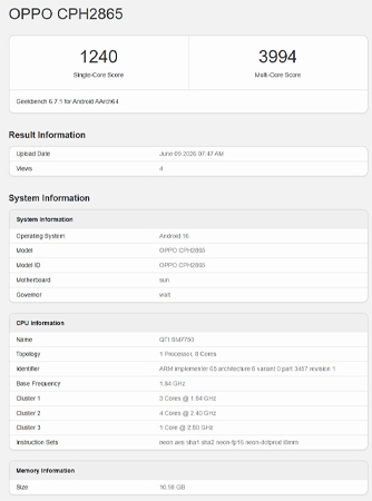OPPO Reno 16 เวอร์ชั่น Global โผล่บน Geekbench ยืนยันใช้ชิป Snapdragon 7 Gen 4