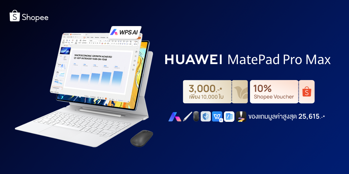 ช้อปคุ้มบน Shopee! เปิดตัว HUAWEI MatePad Pro Max แท็บเล็ตบางที่สุดในโลก แจกโค้ดลดเพิ่ม 3,000.- พร้อมของแถมจัดเต็มรวมสูงสุด 25,615 บาท
