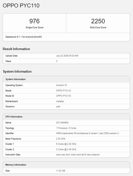 OPPO A7 Pro Max โผล่ทดสอบบน Geekbench ยืนยันใช้ชิป Snapdragon 4 Gen 5 และ RAM 12GB