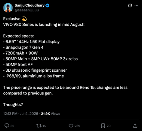 vivo V80 เตรียมเปิดตัวกลางเดือนหน้า มาพร้อมแบต 7,200 mAh และจอลื่นๆ 144Hz 