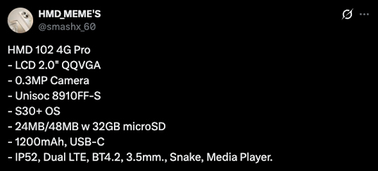 หลุดสเปค HMD 102 4G Pro ฟีเจอร์โฟนรุ่นประหยัด อัปเกรดสเปคแรงขึ้น แบตอึดกว่าเดิม 