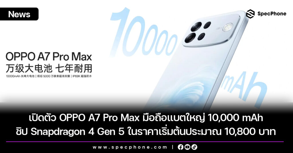 เปิดตัว OPPO A7 Pro Max มือถือแบตใหญ่ 10,000 mAh ชิป Snapdragon 4 Gen 5 ในราคาเริ่มต้นประมาณ 10,800 บาท