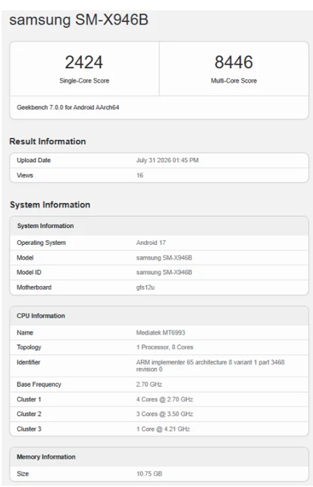 หลุดผลทดสอบ Samsung Galaxy Tab S12 Ultra บน Geekbench ยืนยันชิป Dimensity 9500 พร้อมสเปคชุดเต็ม 