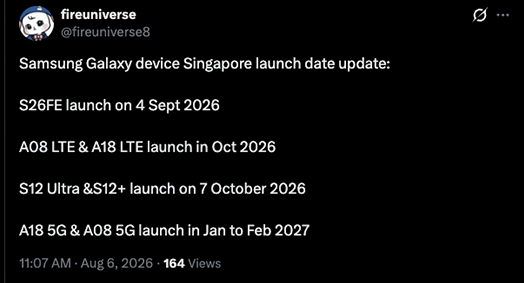 หลุดไทม์ไลน์เปิดตัว Samsung Galaxy S26 FE, Tab S12 และ Galaxy A รุ่นใหม่ที่จะมาในปีนี้กว่า 7 รุ่น