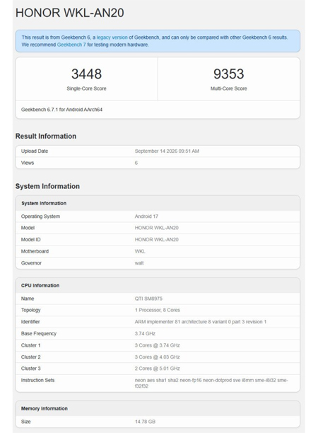 HONOR Magic 9 Pro Max โผล่ทดสอบ Geekbench พร้อมชิป Snapdragon 8 Elite Gen 6 RAM 16GB และกล้องคู่ 200MP 