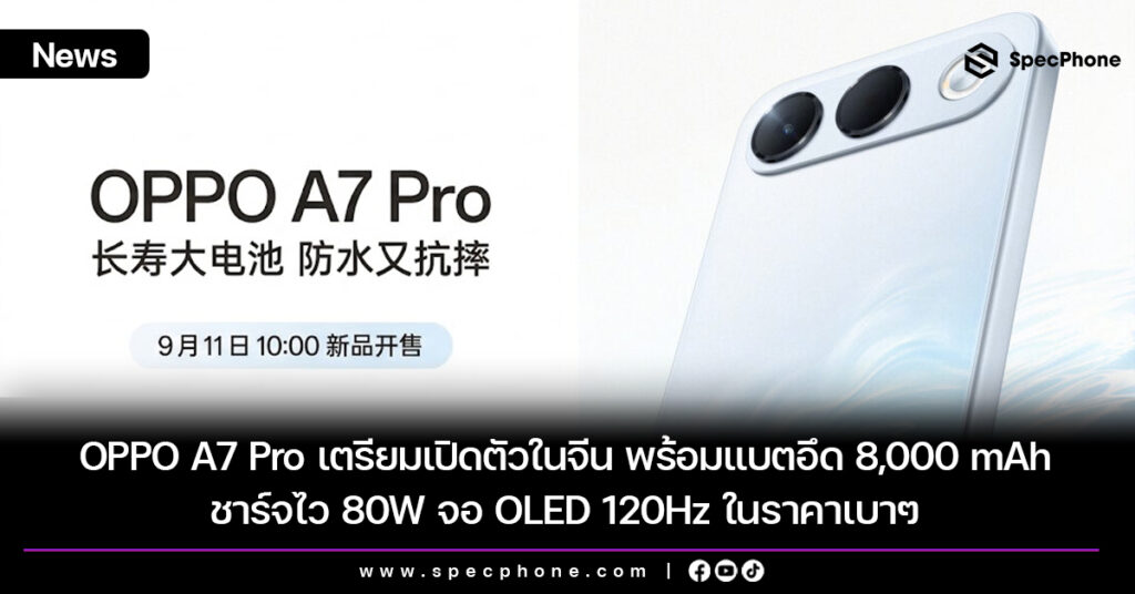 OPPO A7 Pro เตรียมเปิดตัวในจีน พร้อมแบตอึด 8,000 mAh ชาร์จไว 80W จอ OLED 120Hz ในราคาเบาๆ OPPO A7 Pro เตรียมเปิดตัวในจีน พร้อมแบตอึด 8,000 mAh ชาร์จไว 80W จอ OLED 120Hz ในราคาเบาๆ