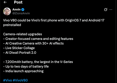 vivo V80 ผ่าน กสทช. ในไทยแล้ว จะมาพร้อมกล้อง ZEISS 50MP แบต 7,200mAh เตรียมเปิดตัวเร็วๆ นี้