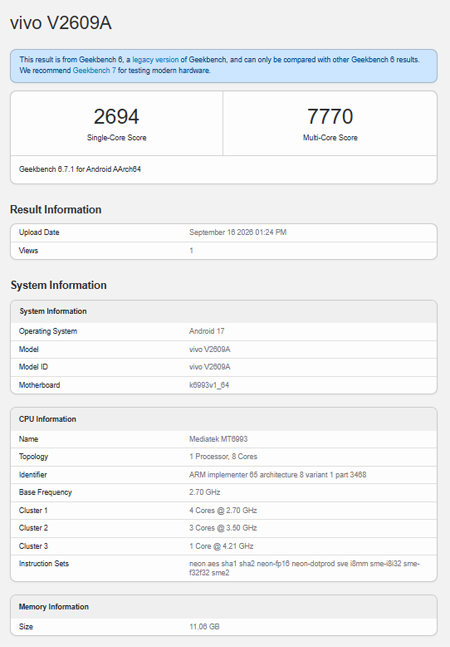 vivo X500 โผล่บน Geekbench เผยสเปคใช้ชิป Dimensity 9600M พร้อม RAM 12GB