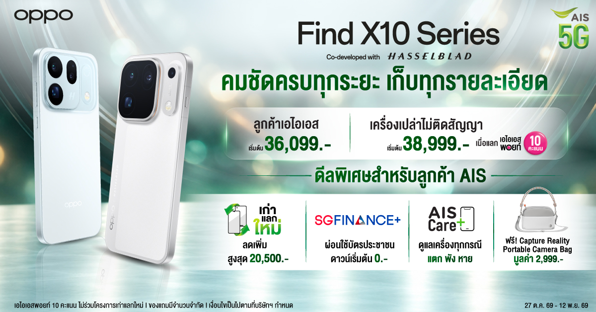 OPPO Find X10 Series สมาร์ตโฟนแฟลกชิปรุ่นใหม่ล่าสุดมาพร้อมประสบการณ์สมาร์ตโฟนกล้องสมจริง จับมือ AIS รับดีลพิเศษเหนือระดับส่วนลดสูงสุด 29,500