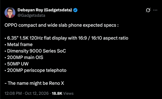OPPO Reno X อาจเป็นมือถือจอกว้าง หน้าจอ 6.35 นิ้ว 120Hz กล้องคู่ 200MP และแบต 8,000mAh