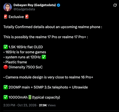 realme 17 Pro Series จะได้แบต 10,000mAh กล้อง 200MP พร้อม Telephoto ซูม 3.5 เท่า