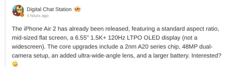 ลือสเปค iPhone Air 2 เพิ่มกล้อง Ultra-wide 48MP ขยายแบตเตอรี่เป็น 3,500mAh ก่อนเปิดตัวต้นปี 2027