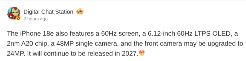 หลุดสเปค iPhone 18e ยังคงได้จอ 60Hz พร้อมกล้องหลัง 48MP ตัวเดียว และชิป A20 รุ่นใหม่ เปิดตัวต้นปี 2027
